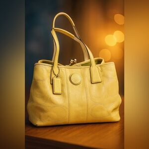 Coach Signature Stitched Patent Leather Kisslock Carryall F15658 Yellow Y2K